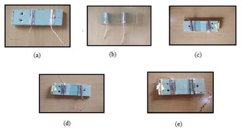 Glass Plate Test Samples used for Dip test (a) Full Length RTV Coated (b) Un- coated Glass plate (c) ½ Length RTV coated (d) 1/4th length RTV coated (e) 3/4th length RTV coated