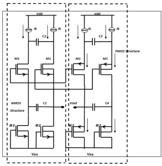 Proposed biquadbandpass filter with NMOSand PMOS structure