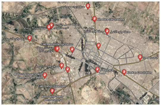 Gas stations in Diwaniyah on google map